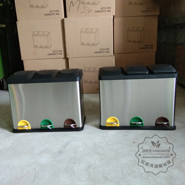 室內客房三分類不銹鋼腳踏式垃圾桶圖片005